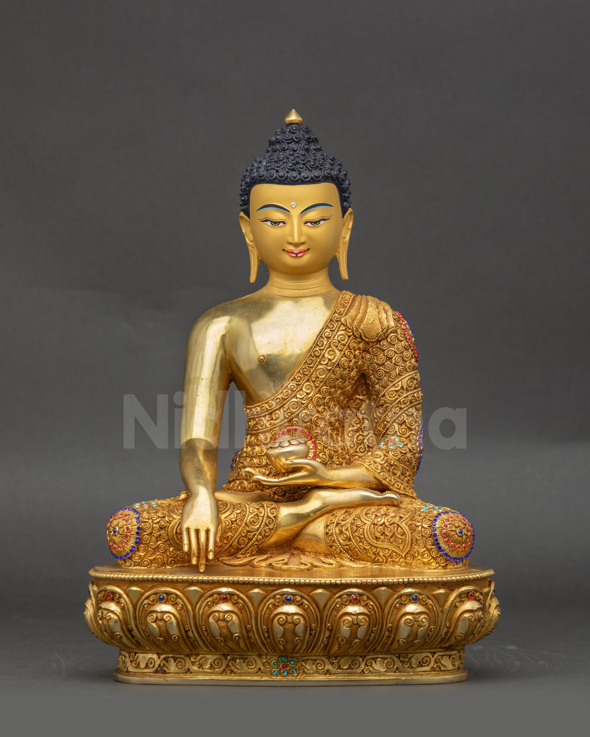 Shakyamuni Buddha Statue front view gold-gilded copper lotus pedestal