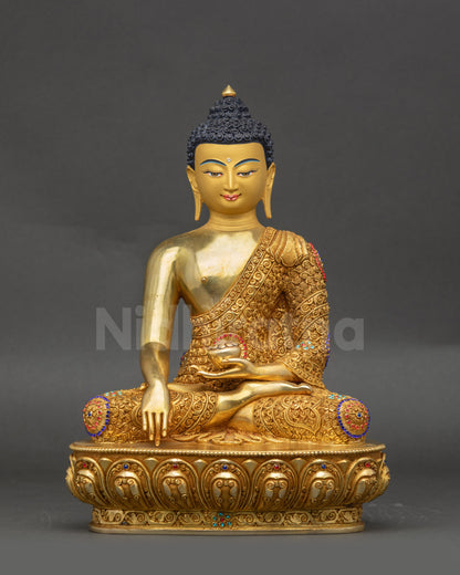 Shakyamuni Buddha Statue front view gold-gilded copper lotus pedestal