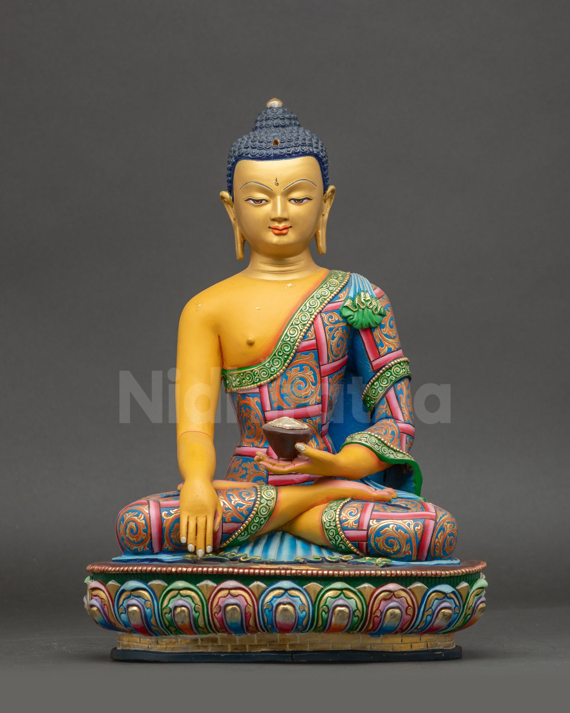 Shakyamuni Buddha Statue front view hand-painted copper with gold-gilded face