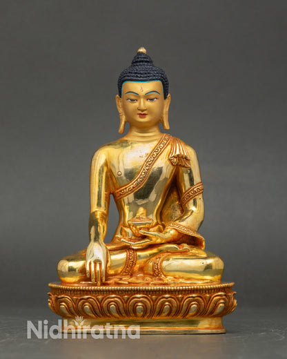 Shakyamuni Buddha Statue handcrafted in Patan Nepal, 24K gold-gilded copper on lotus seat