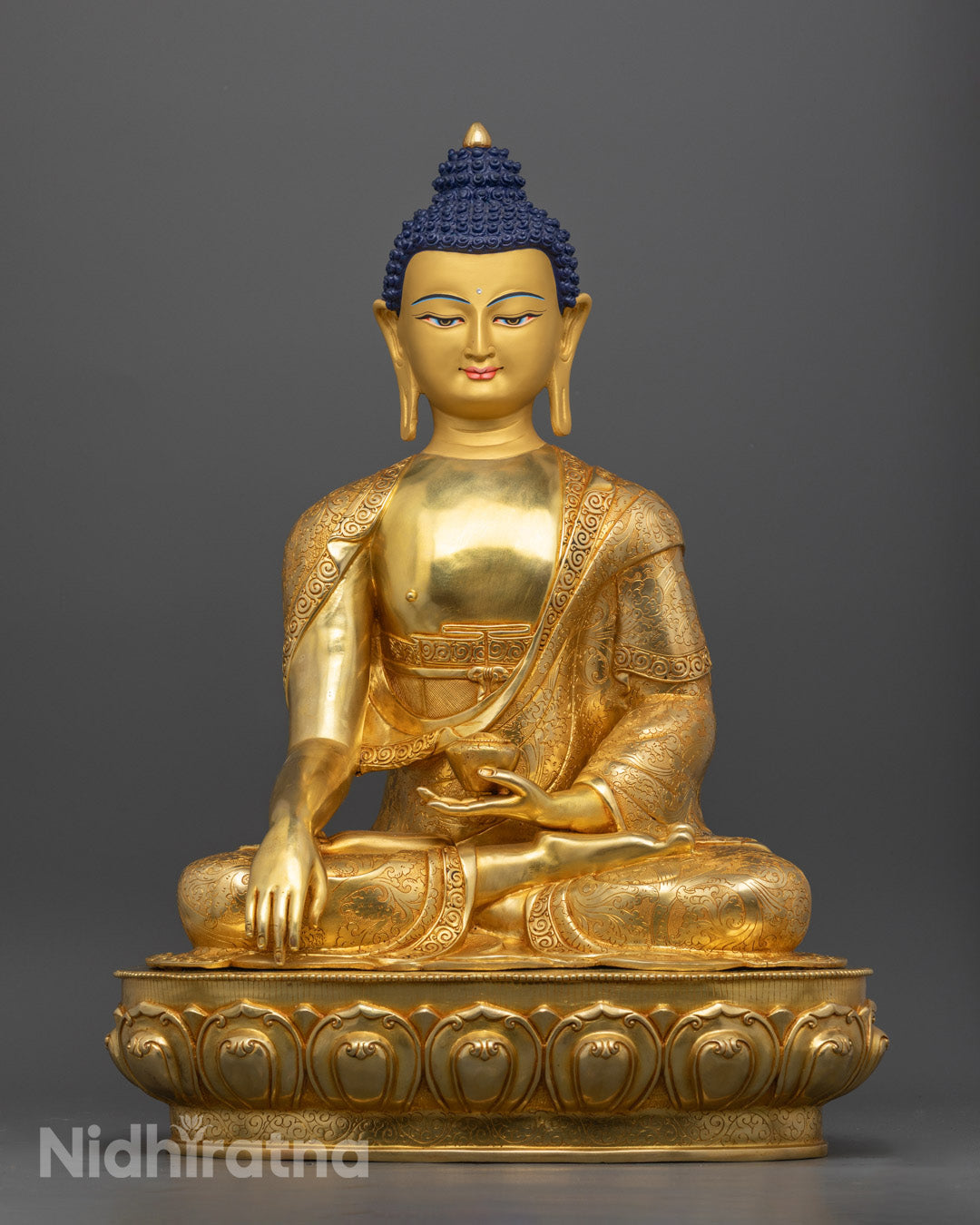 Shakyamuni Buddha Statue in 24k Gold Gilded Copper, Seated on Lotus Throne – Handcrafted in Nepal