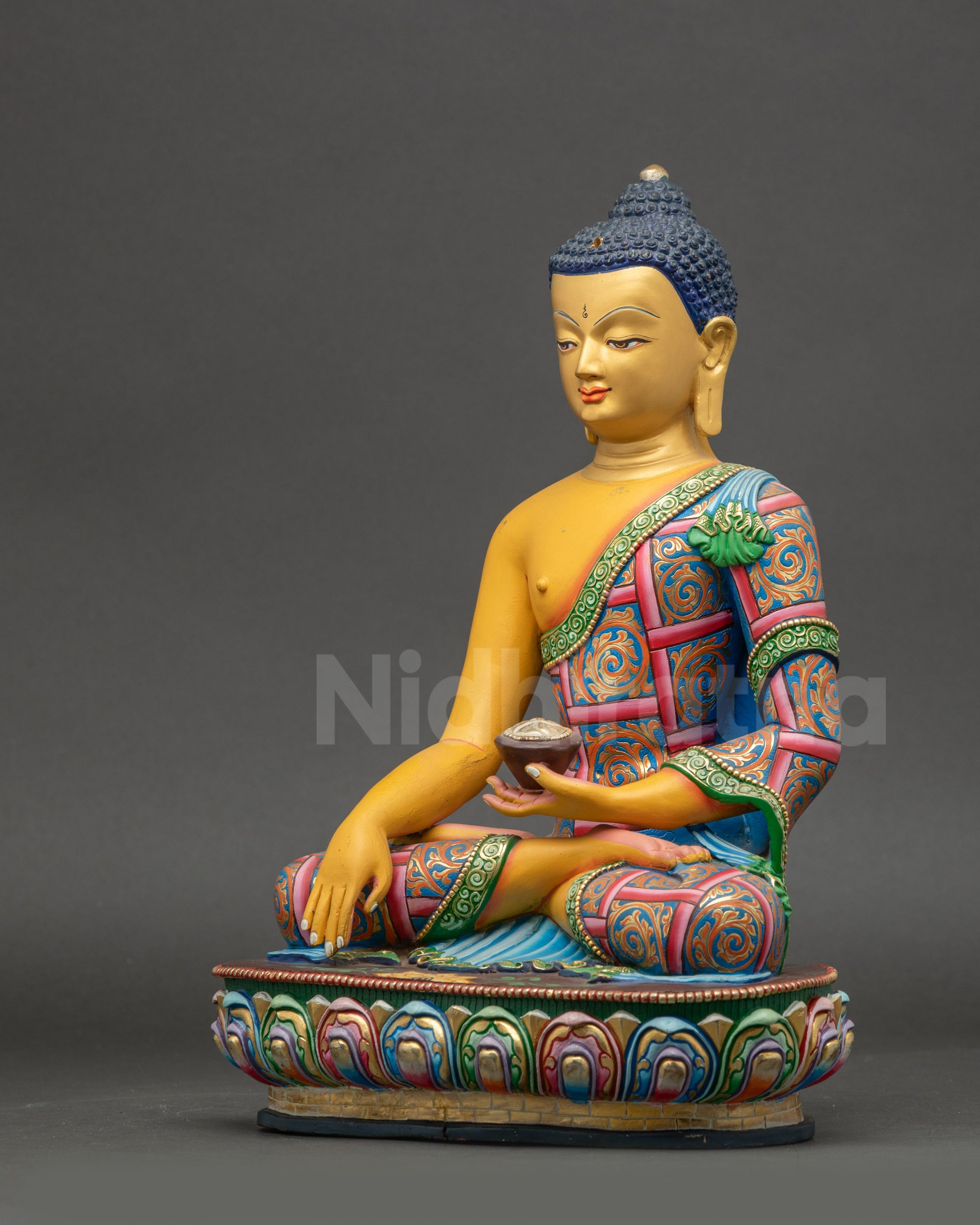 Shakyamuni Buddha Statue left side view lotus pedestal and copper detailing