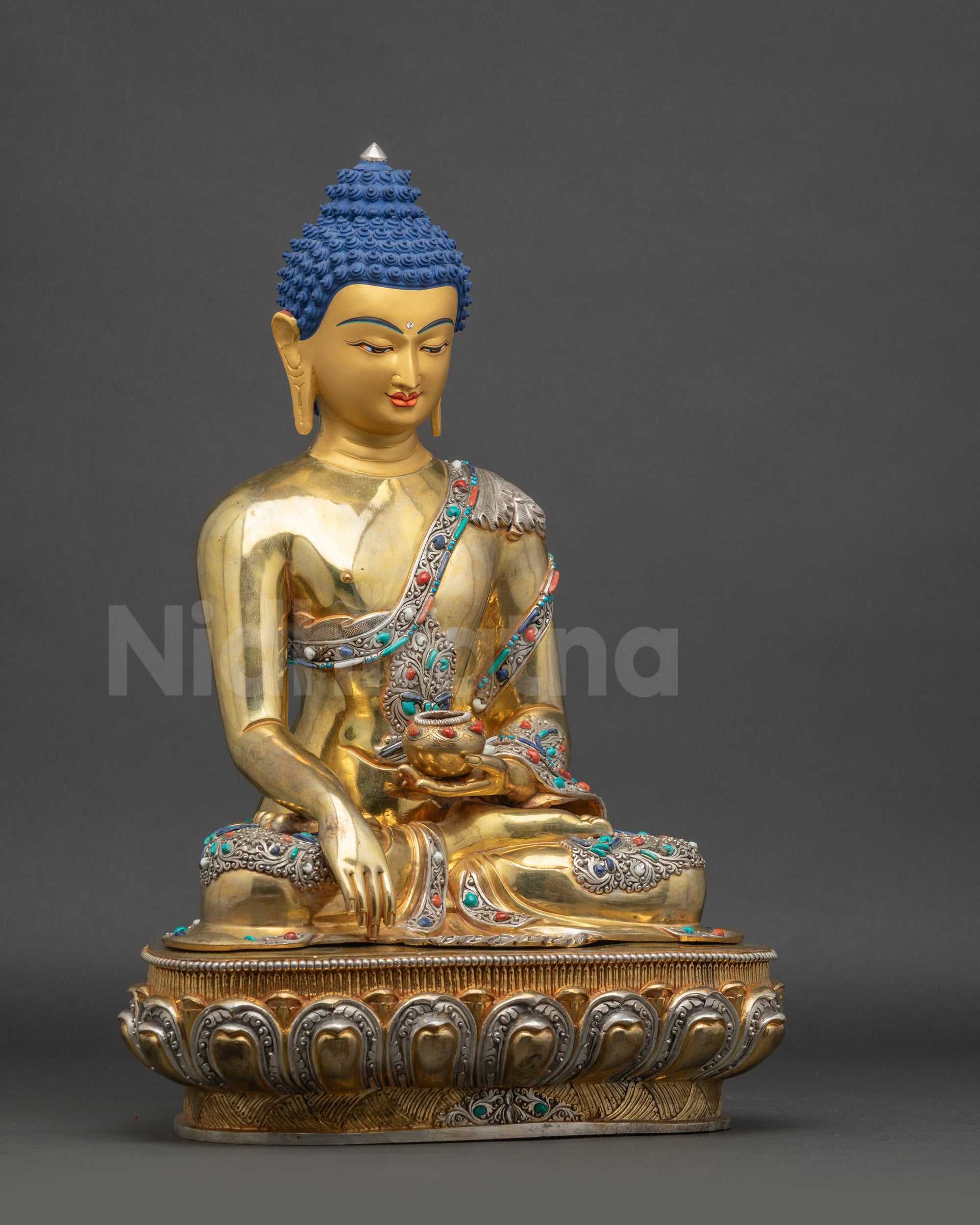 Shakyamuni Buddha Statue right side view copper sculpture detailed lotus seat