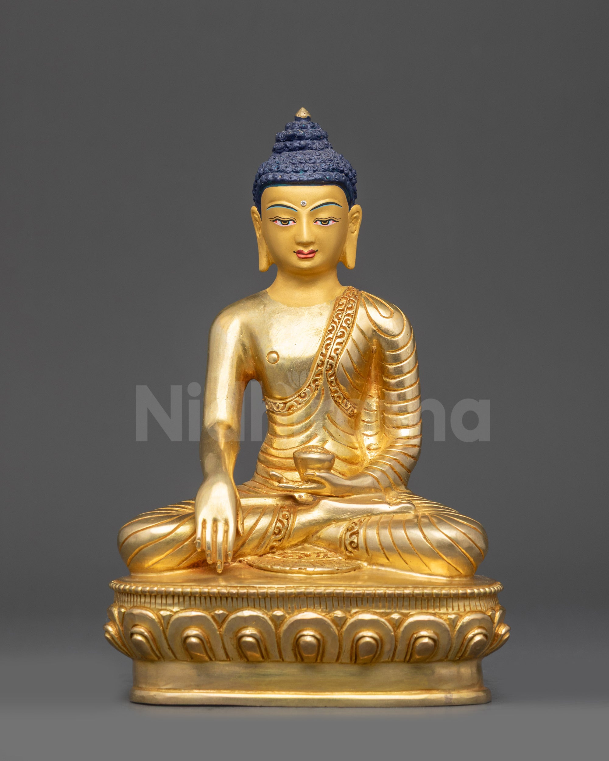 Shakyamuni Buddha Statue seated on lotus throne with 24K gold-painted face