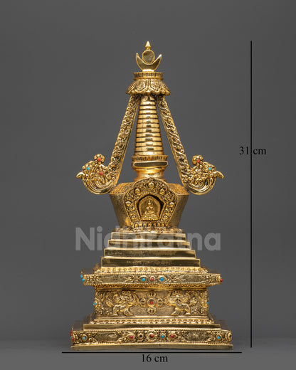 Shakyamuni Buddha Stupa gold fire gilded copper Buddhist stupa for meditation front view
