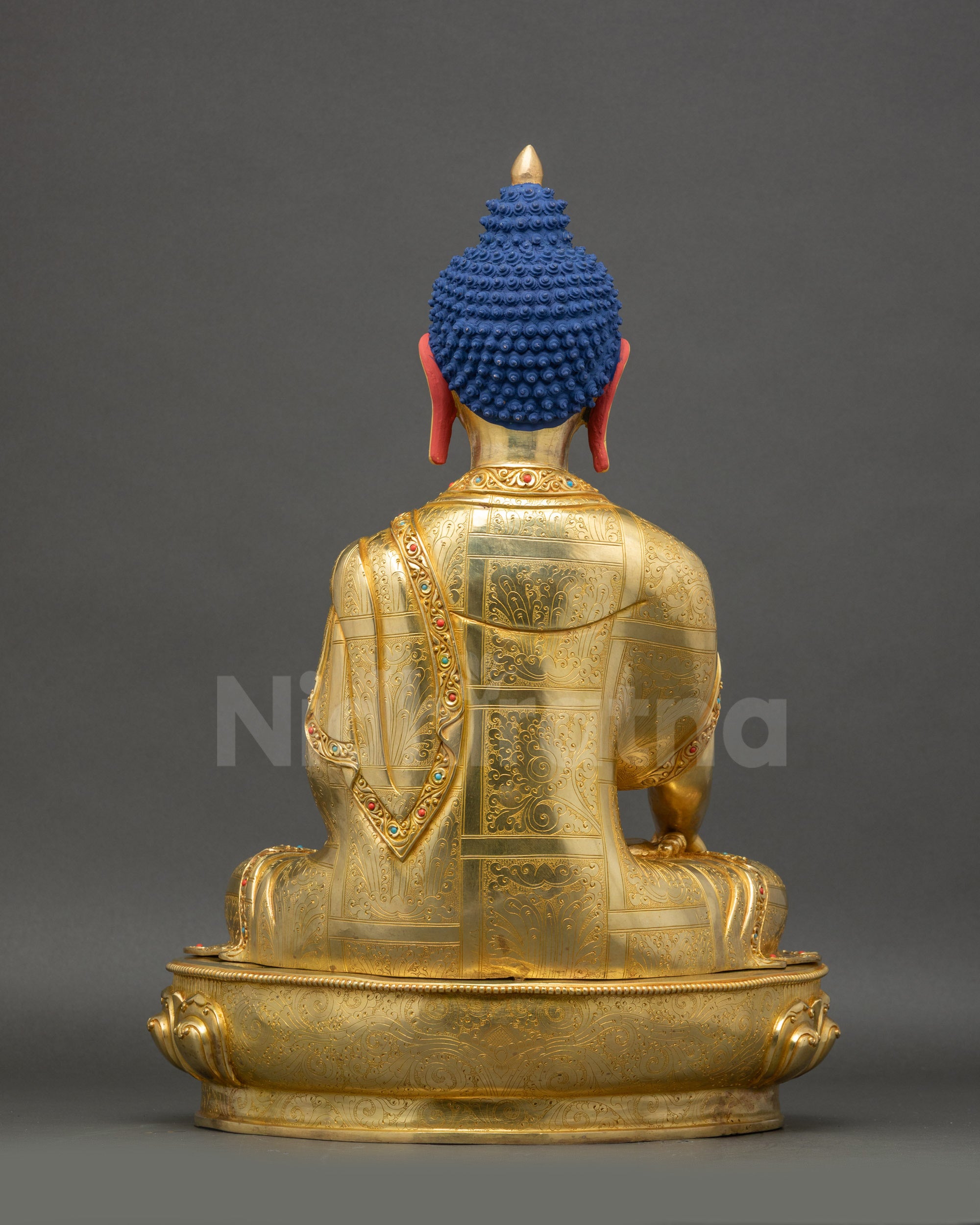 Shakyamuni Buddha back view detailed robes lotus pedestal Nepalese art