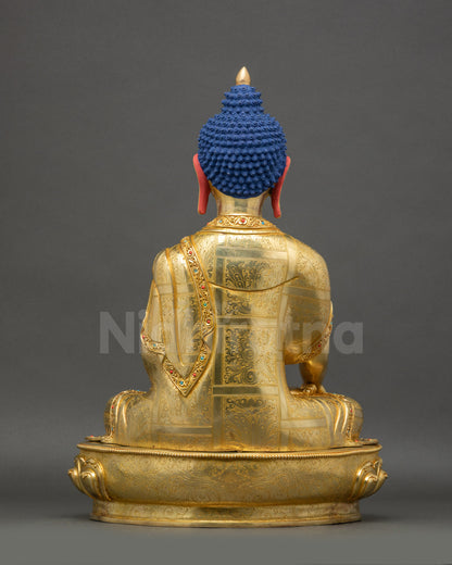 Shakyamuni Buddha back view detailed robes lotus pedestal Nepalese art