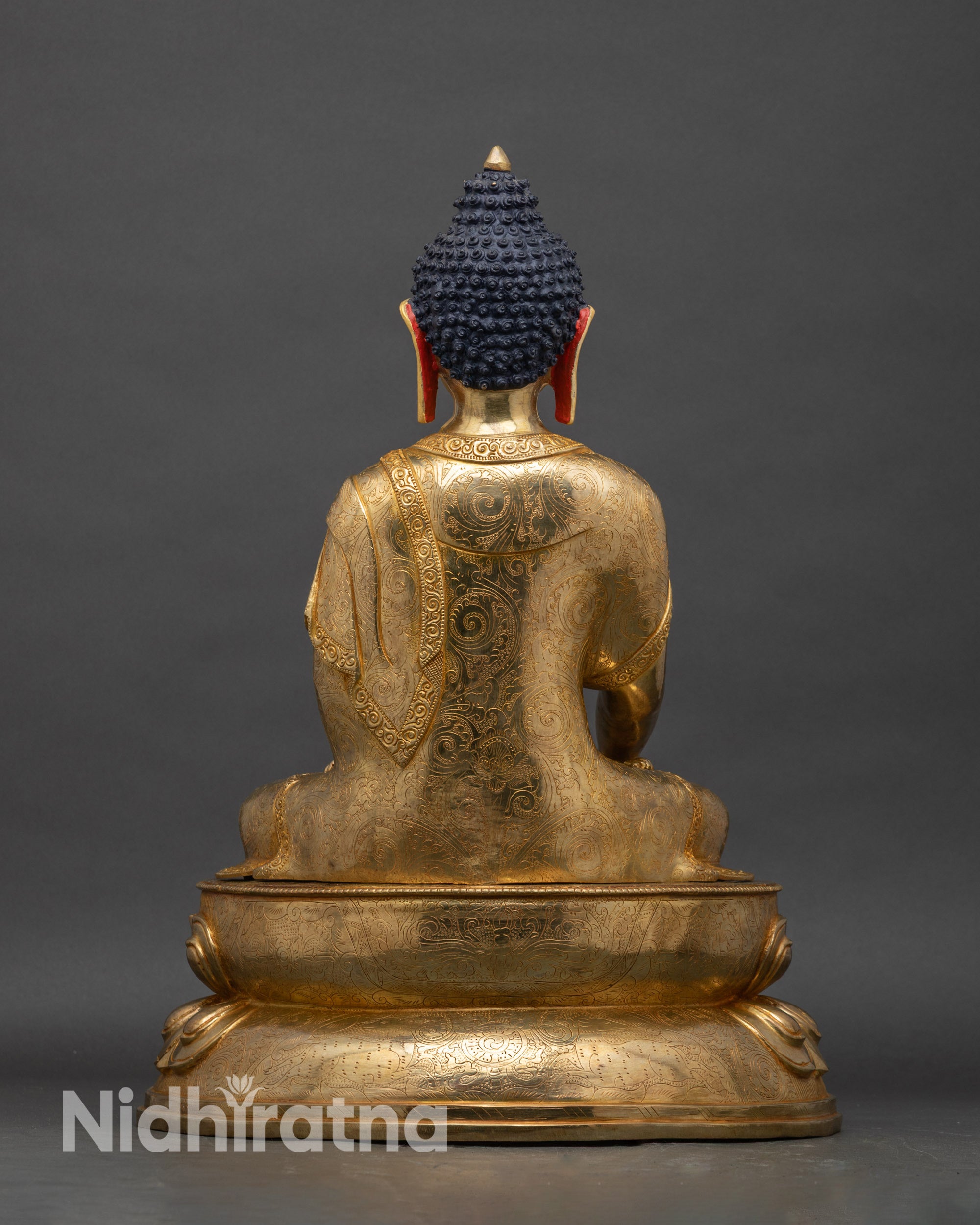Shakyamuni Buddha back view, hand-carved copper robes and lotus seat with gold finish