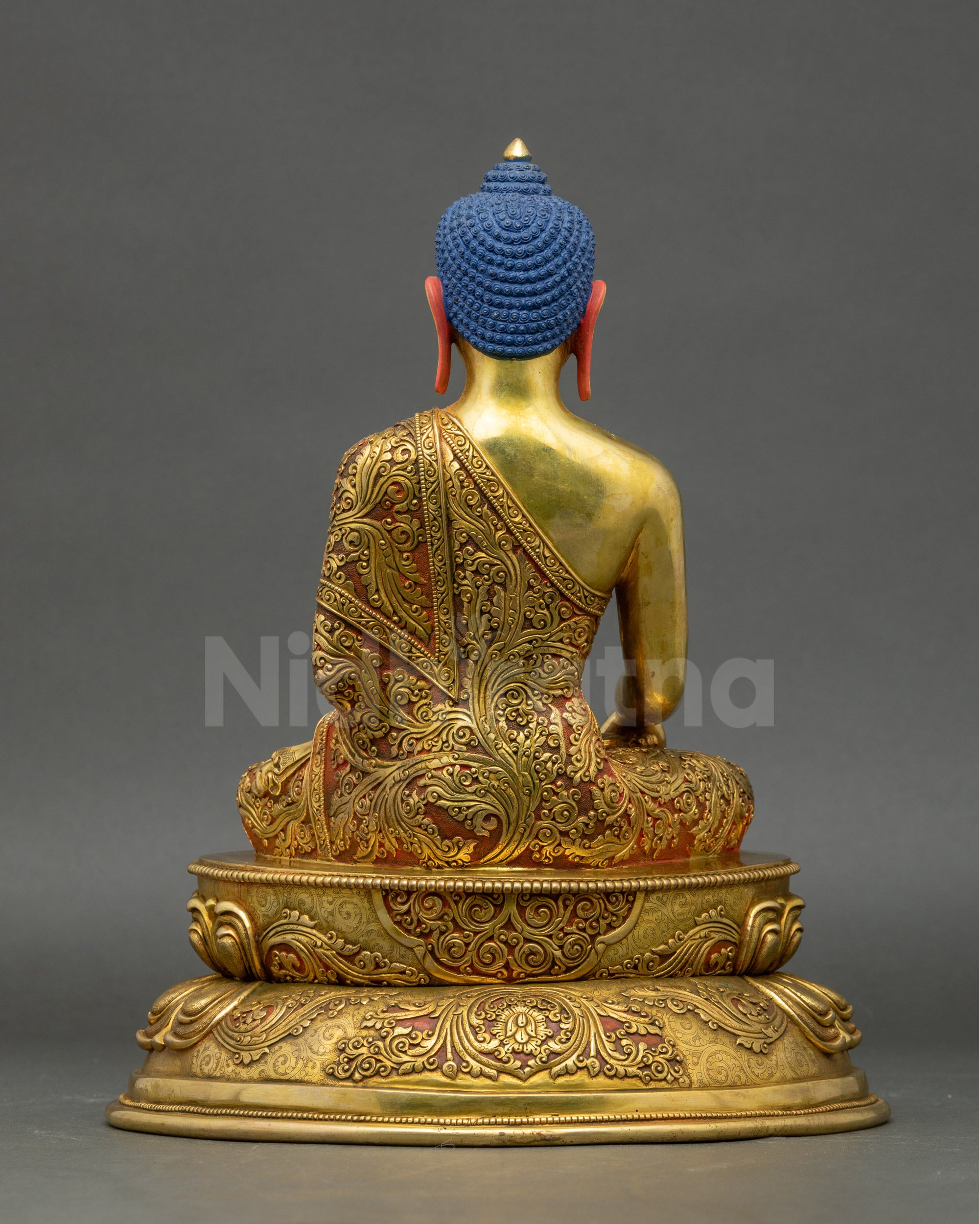 Shakyamuni Buddha copper statue detailed floral robe back view meditation art