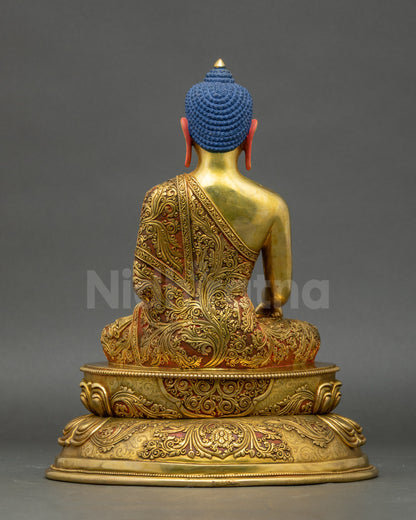 Shakyamuni Buddha copper statue detailed floral robe back view meditation art