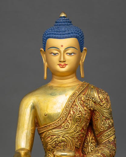 Shakyamuni Buddha copper statue gold-painted face close up meditation art