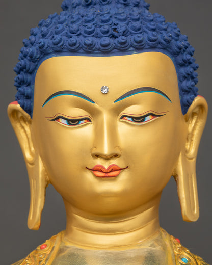 Shakyamuni Buddha face close up serene expression 24K gold gilding