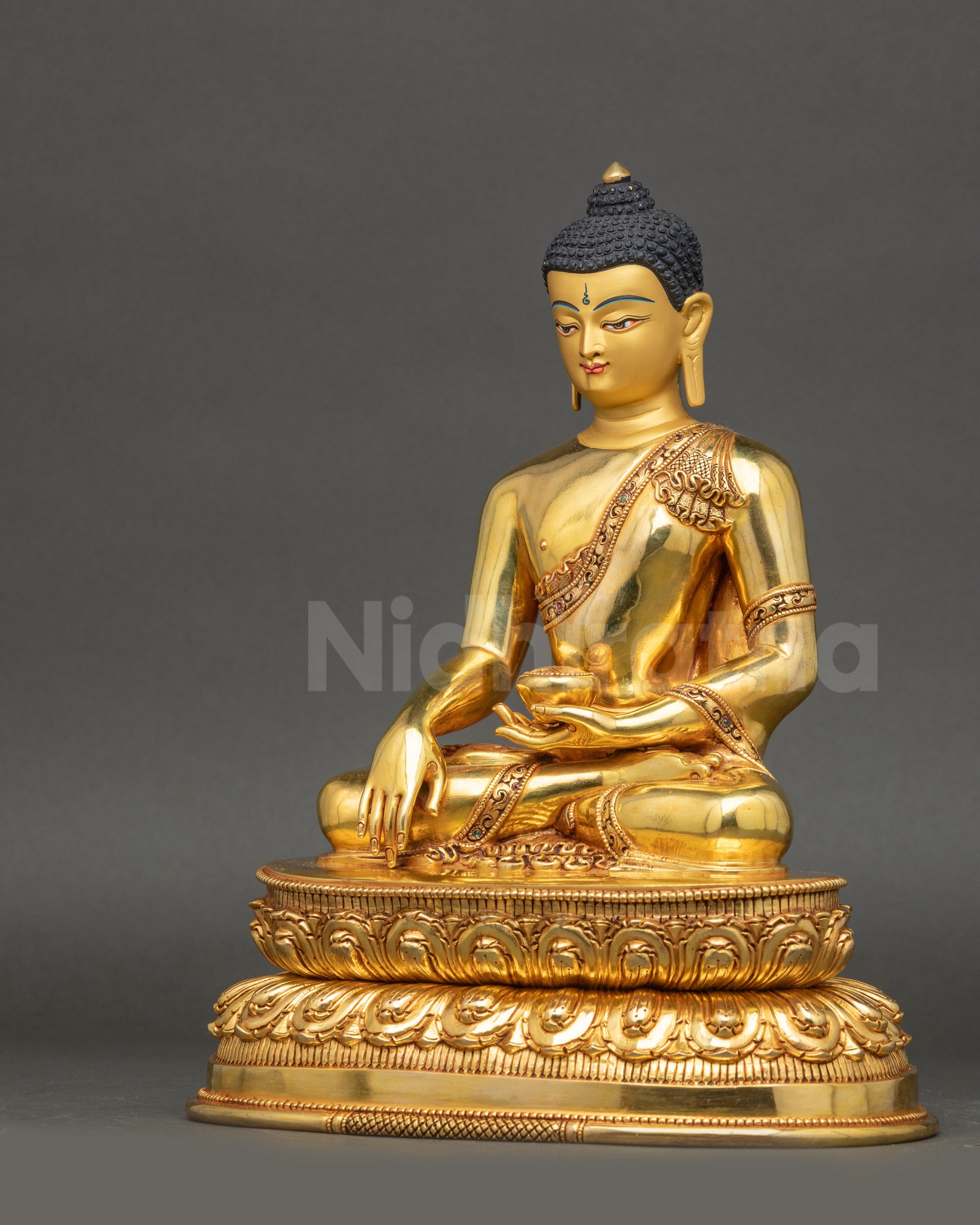 Shakyamuni Buddha left side view handcrafted Nepalese lotus throne sculpture