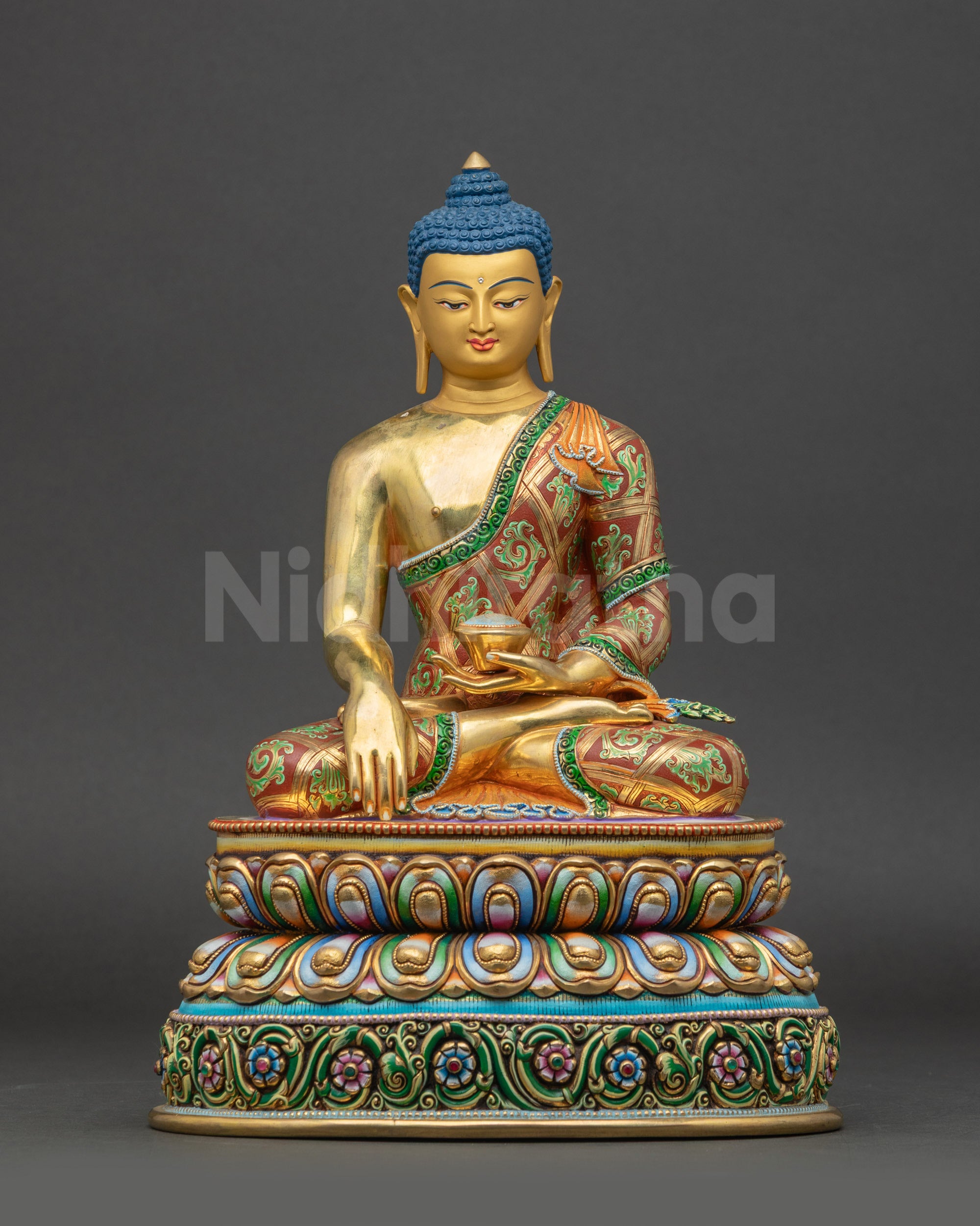 Shakyamuni Buddha sculpture front view gold-gilded copper Himalayan statue
