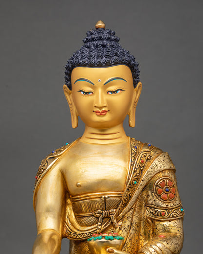 Shakyamuni Buddha statue close up copper gold-gilded floral designs Nepal