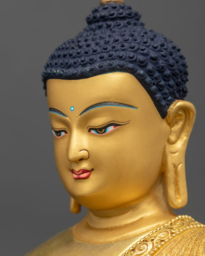 Shakyamuni Buddha statue detailed side close up face with tranquil Nepalese craftsmanship