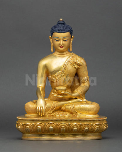 Shakyamuni Buddha statue front view gold fire-gilded copper with earth-touching mudra