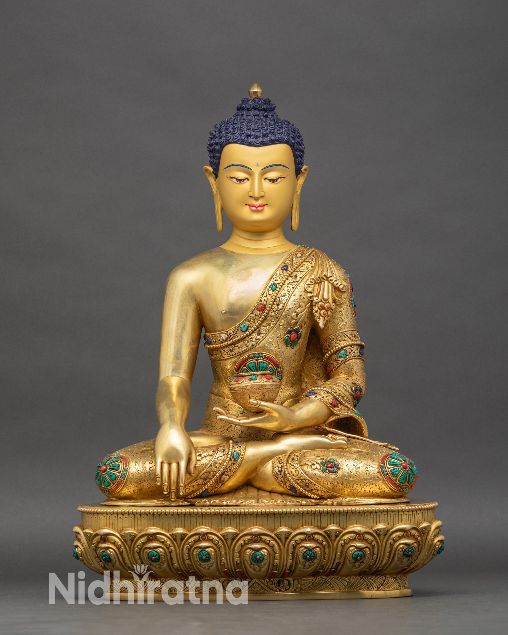 Shakyamuni Buddha statue full view, handcrafted Nepalese copper and gold gilded art