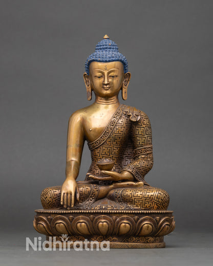 Shakyamuni Buddha statue handcrafted in Nepal with antique copper finish, full view