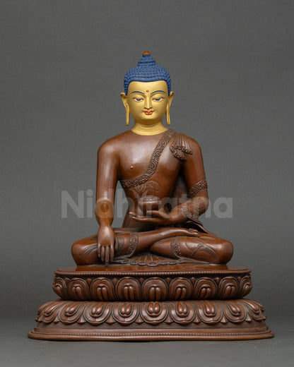 Shakyamuni Buddha statue handcrafted in Nepal with chemically oxidized copper and lotus seat