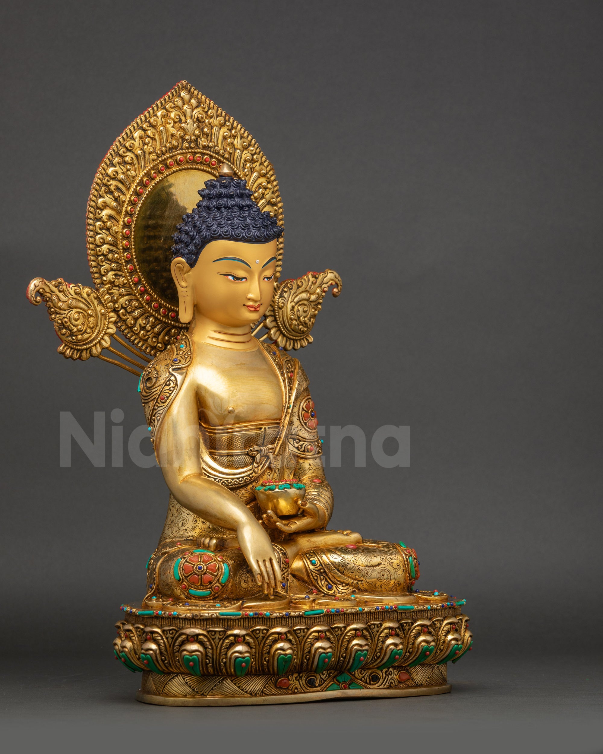 Shakyamuni Buddha statue right side view lotus seat Nepalese craftsmanship