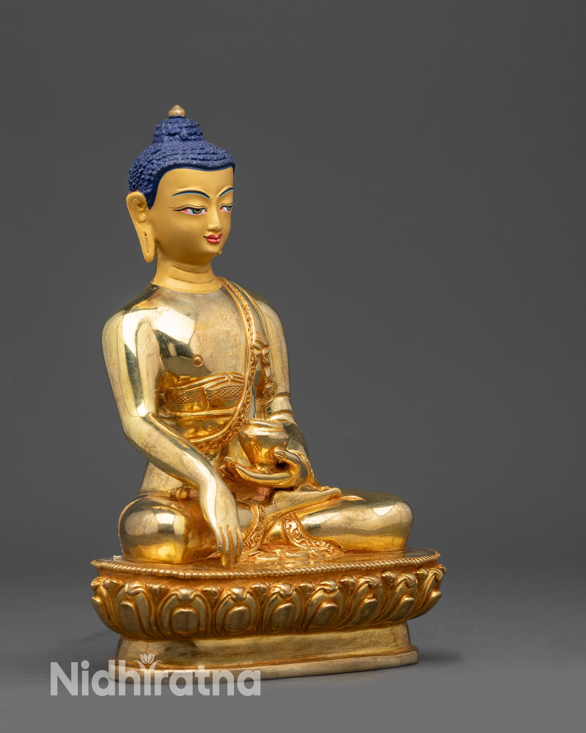 Shakyamuni Buddha statue right side view lotus seat and bhumi-sparsa mudra