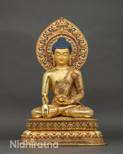 Shakyamuni Buddha statue seated in meditation, gold-gilded Nepalese artwork