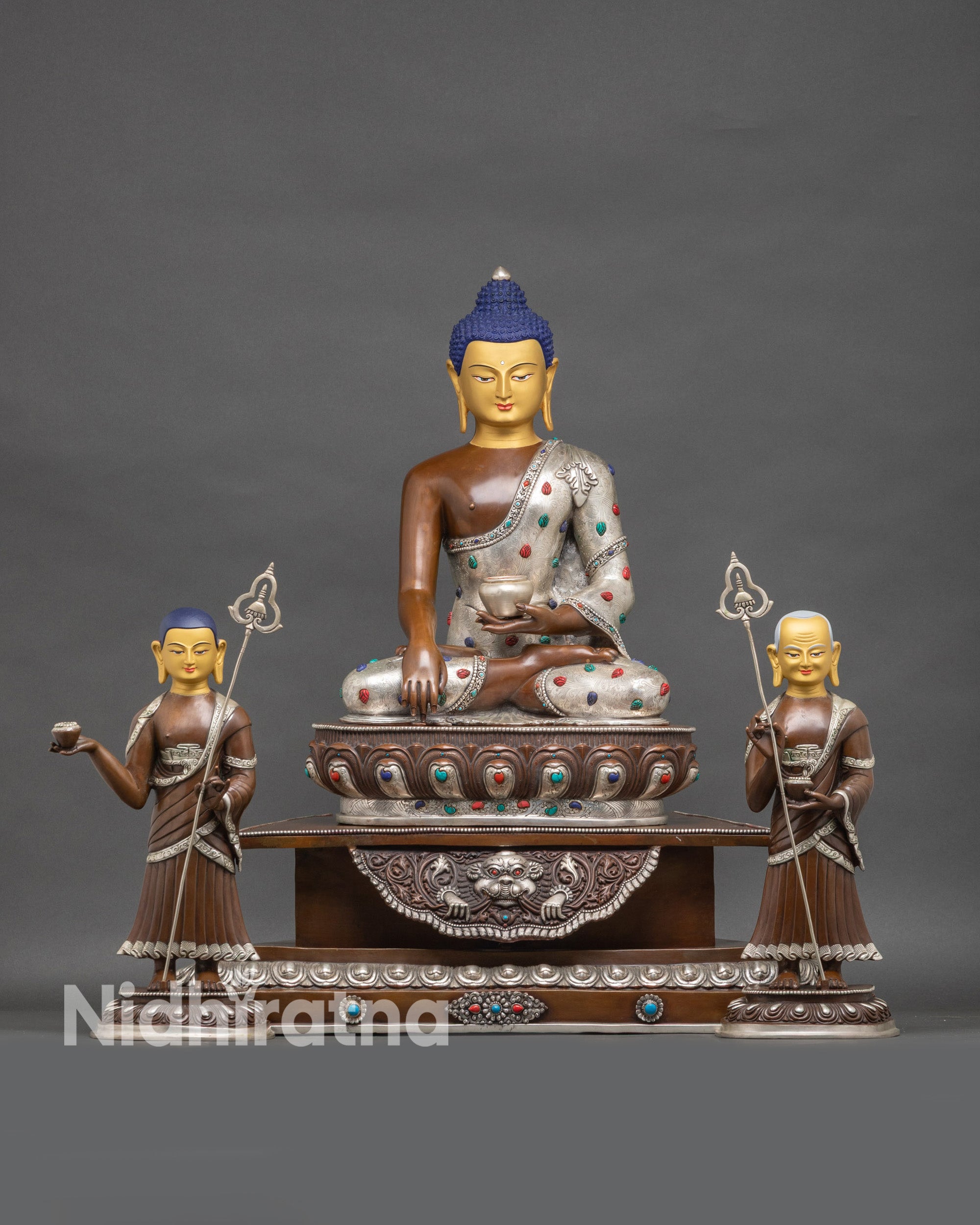 Shakyamuni Buddha with Sariputra and Maudgalyayana statue, handcrafted Nepalese copper art