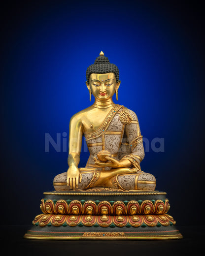 Front view of Shakyamuni Buddha statue in lotus posture, gold gilded copper, handcrafted in Nepal