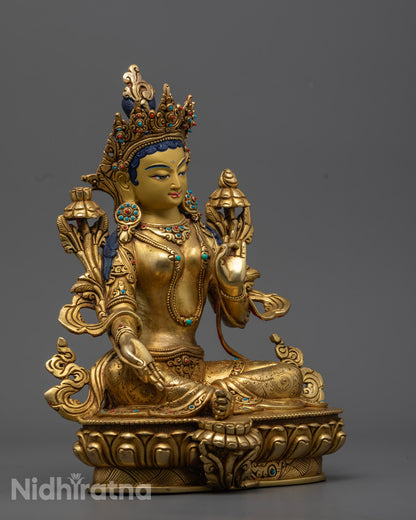 Shop Tibetan Green Tara Statue – 24k Gold-Gilded &amp; Semi-Precious Stones