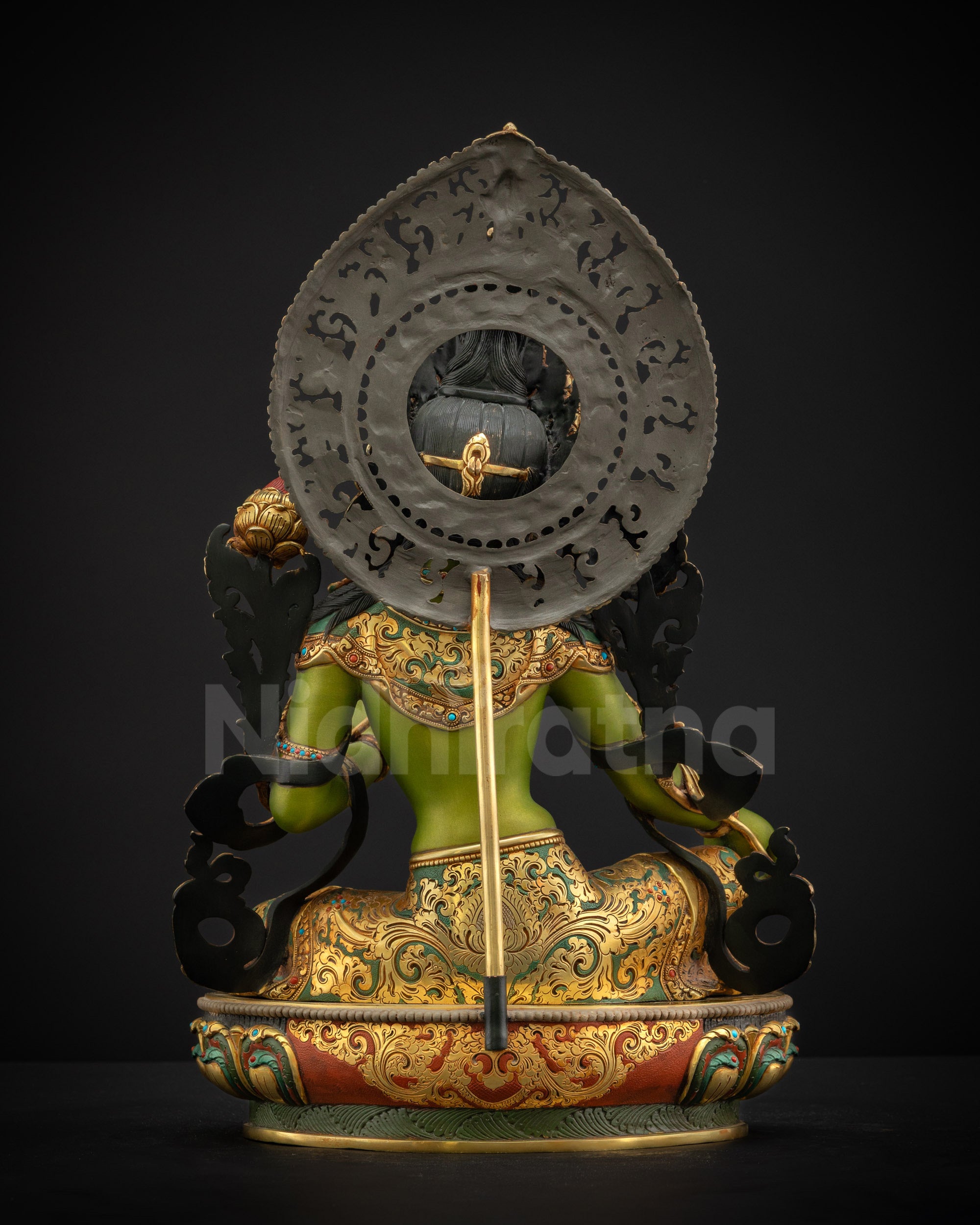 Back view of Shyama Tara statue highlighting divine halo five pointed crown and finely carved rear ornaments