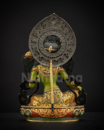 Back view of Shyama Tara statue highlighting divine halo five pointed crown and finely carved rear ornaments