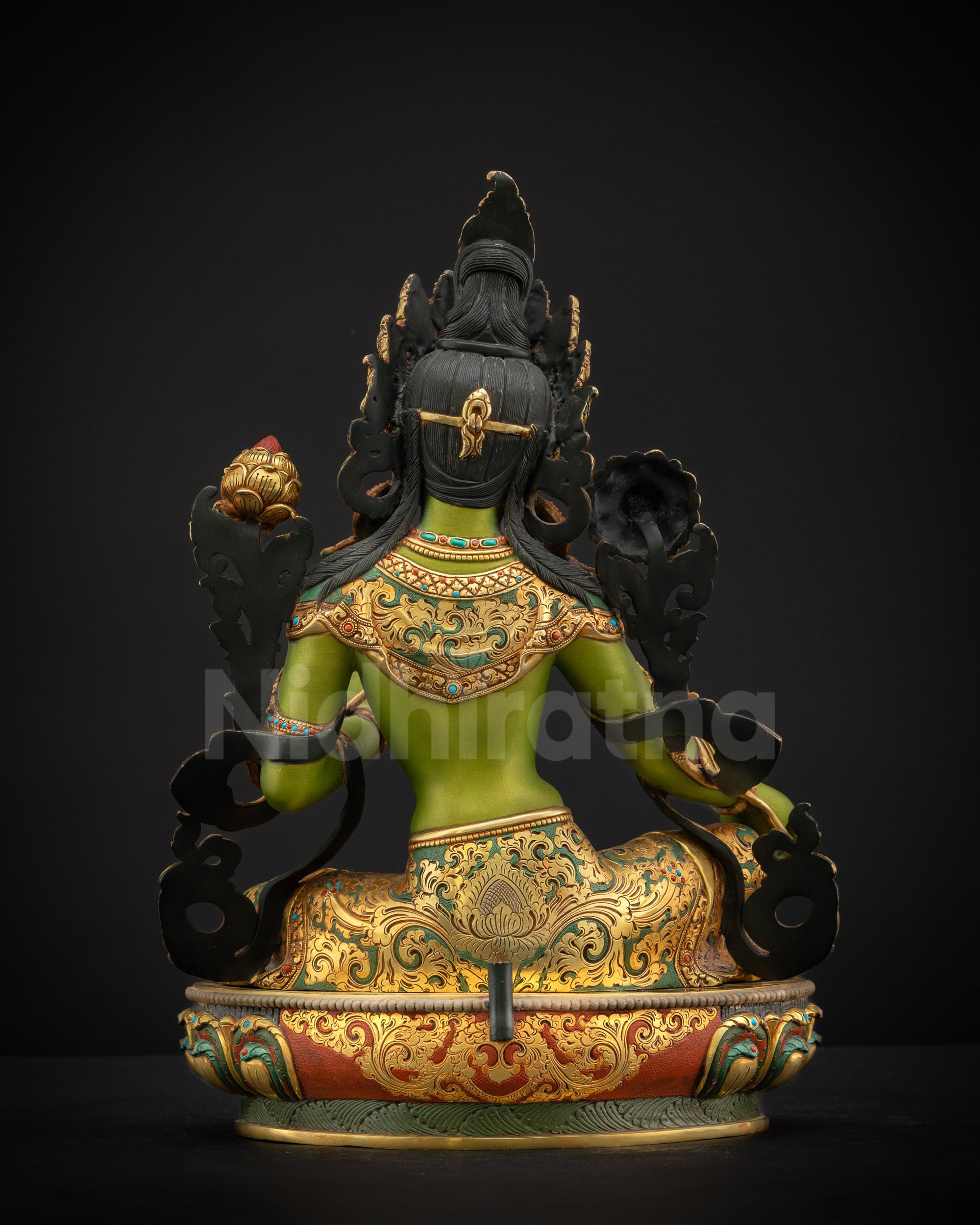 Back view of Shyama Tara statue without halo highlighting detailed hair arrangement crown base