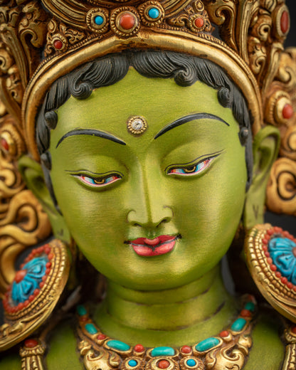 Detailed face close up of Shyama Tara statue showing tranquil expression deep blue eyes and long painted lashes