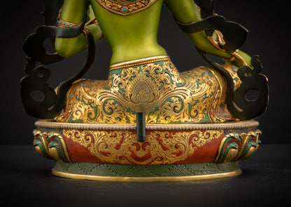 Lower back landscape view of Shyama Tara statue showing rear lotus base structure