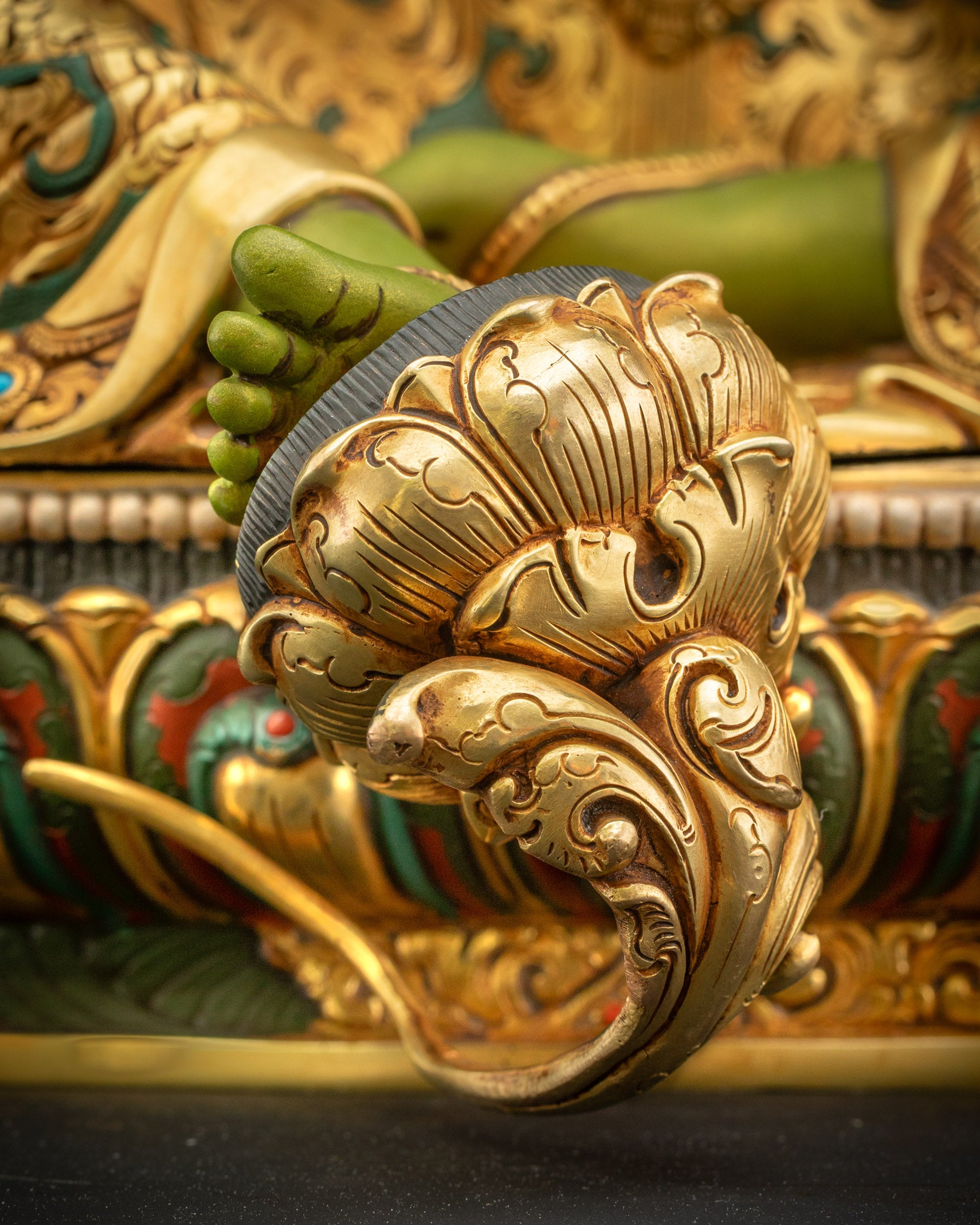 Detailed close up of Shyama Tara statue showing royal ease lalitasana posture balanced leg position