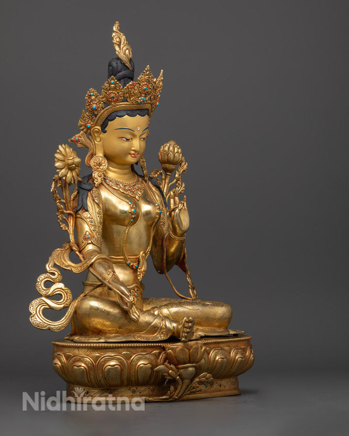 Green Tara Goddess Statue | 24K Gold Gilded Elegance for Shrine