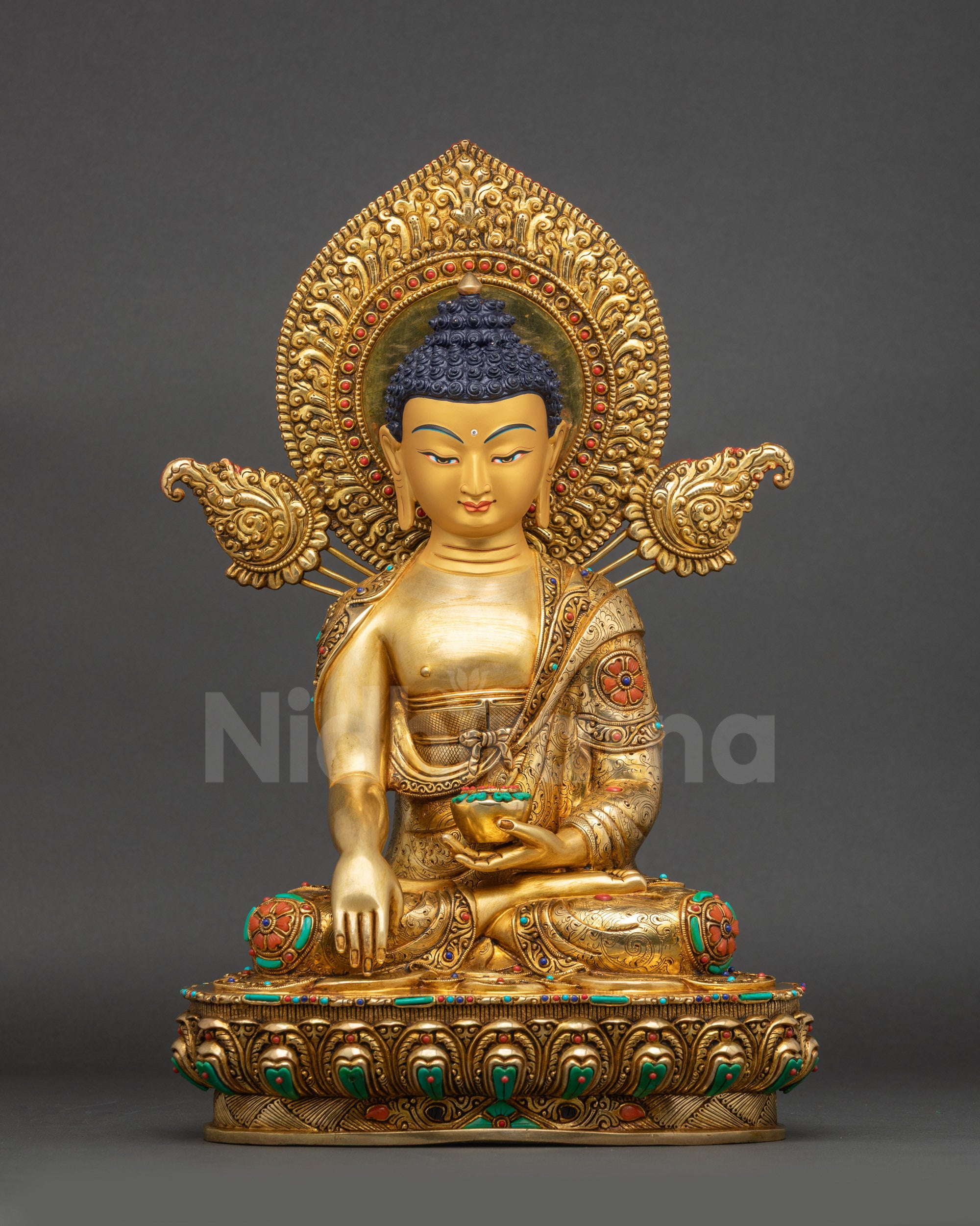 Siddhartha Gautama Buddha Sculpture front view gold-gilded copper Nepalese idol