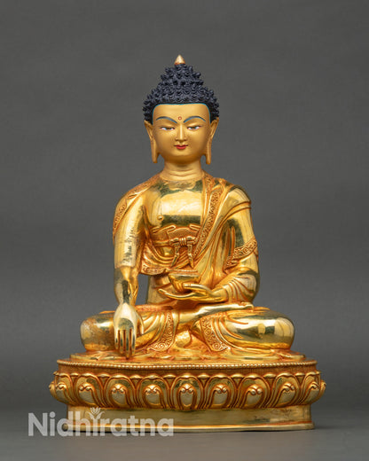 Siddhartha Gautama Buddha statue seated on lotus, handcrafted copper with gold fire-gilding