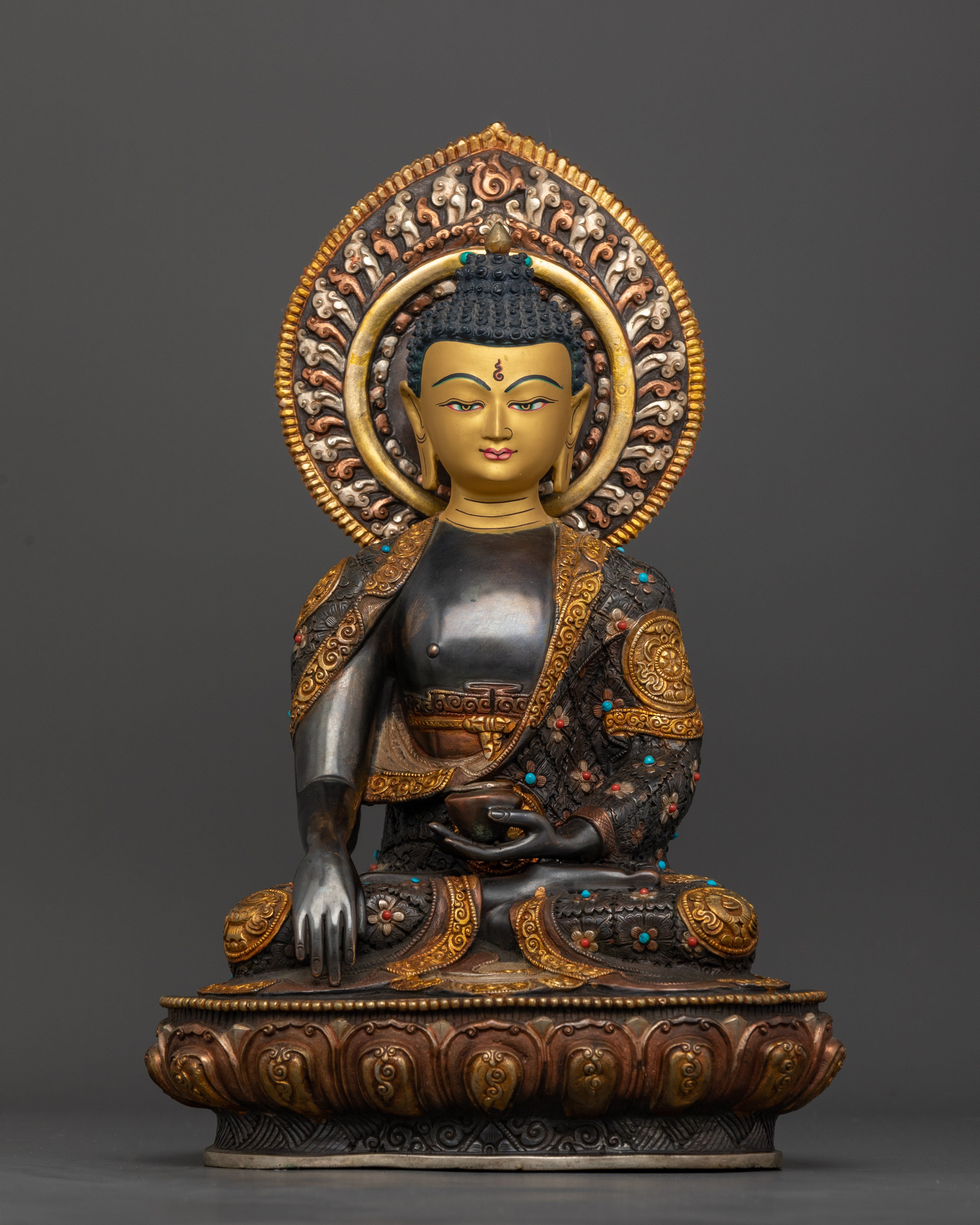Siddhartha Gautama Buddha statue with 24K gold face and lotus seat for meditation