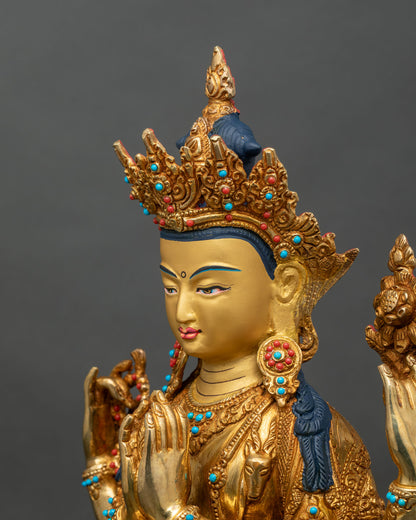 Side close-up of Avalokiteshvara statue highlighting four arms and lotus seat craftsmanship