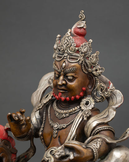 Side close up of Namtoshe statue displaying silver-plated jewelry, halo carvings, and oxidized finish
