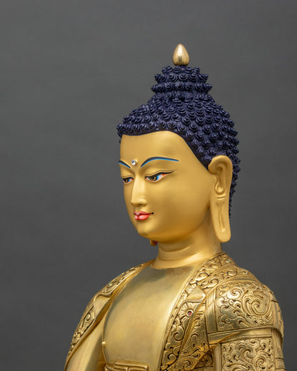 Side close-up of Shakyamuni Buddha figurine, Bhumisparsha Mudra and lotus pedestal view