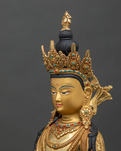 Side detail of crowned Shakyamuni Buddha statue with crown, jewelry, and lotus pedestal