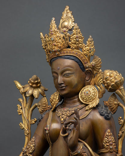 Side face close-up Green Tara, refined features, gold accents, serene gaze