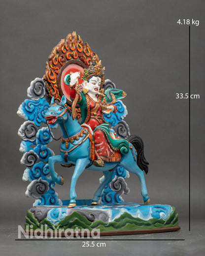 Side view of Achi Chokyi Drolma statue seated on a horse, Tibetan protector deity sculpture