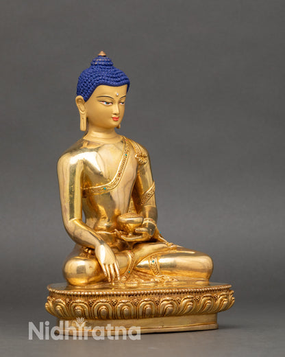 Side-view-Buddha-robe-details-turquoise-coral-stones-lotus-pedestal-spiritual-sculpture