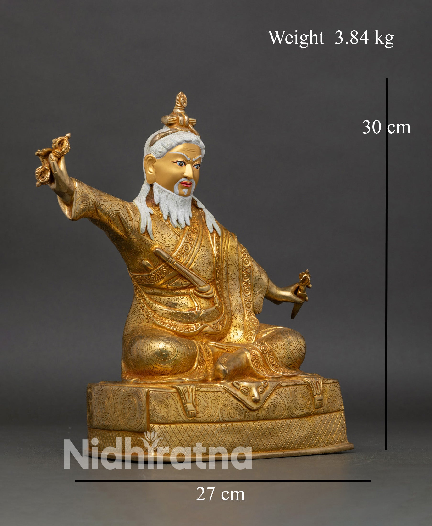 Side view Dudjom Lingpa Rinpoche statue, royal ease posture with gold-painted robes