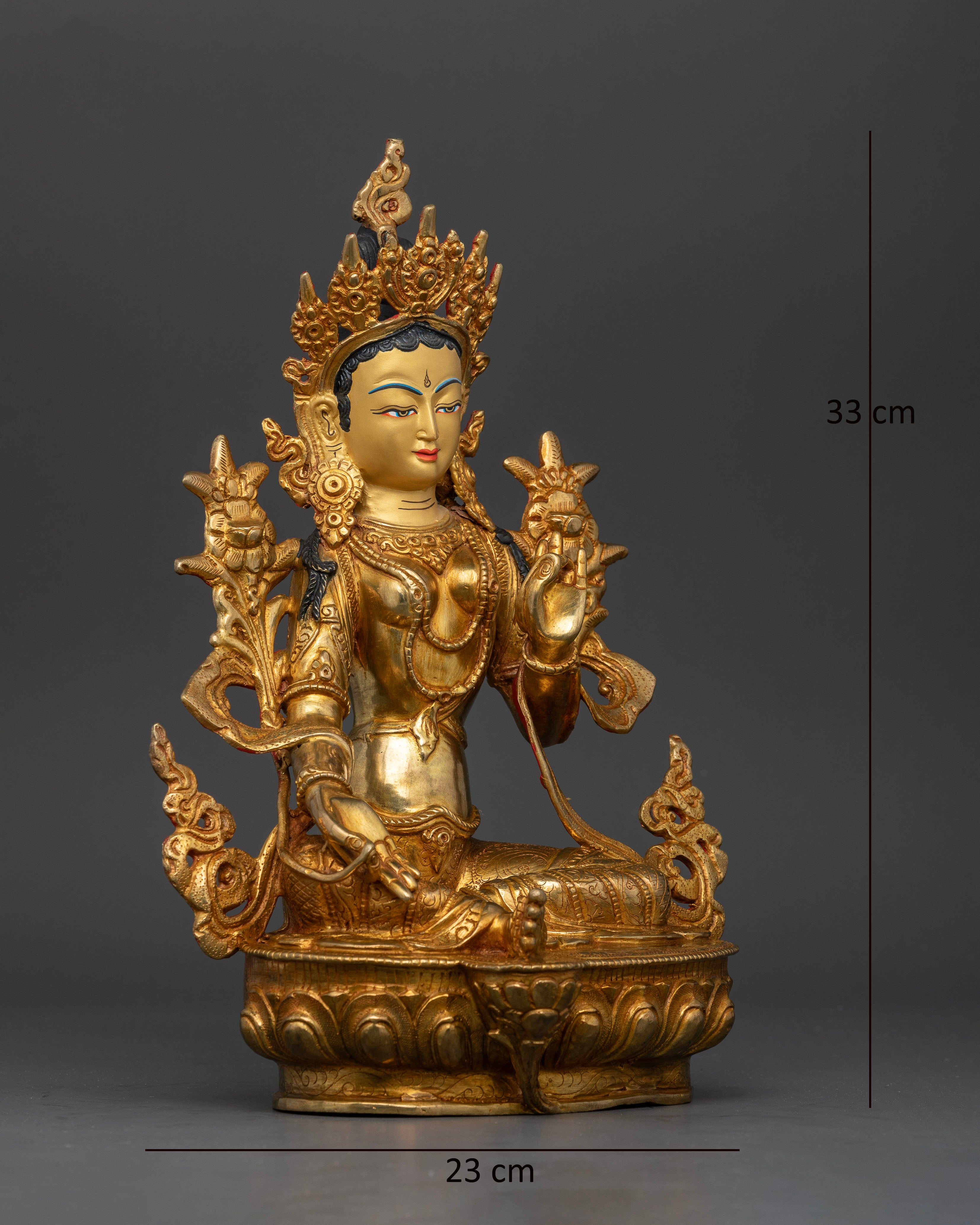 Side view of Green Tara sculpture seated on lotus Varada Abhaya Mudra copper statue