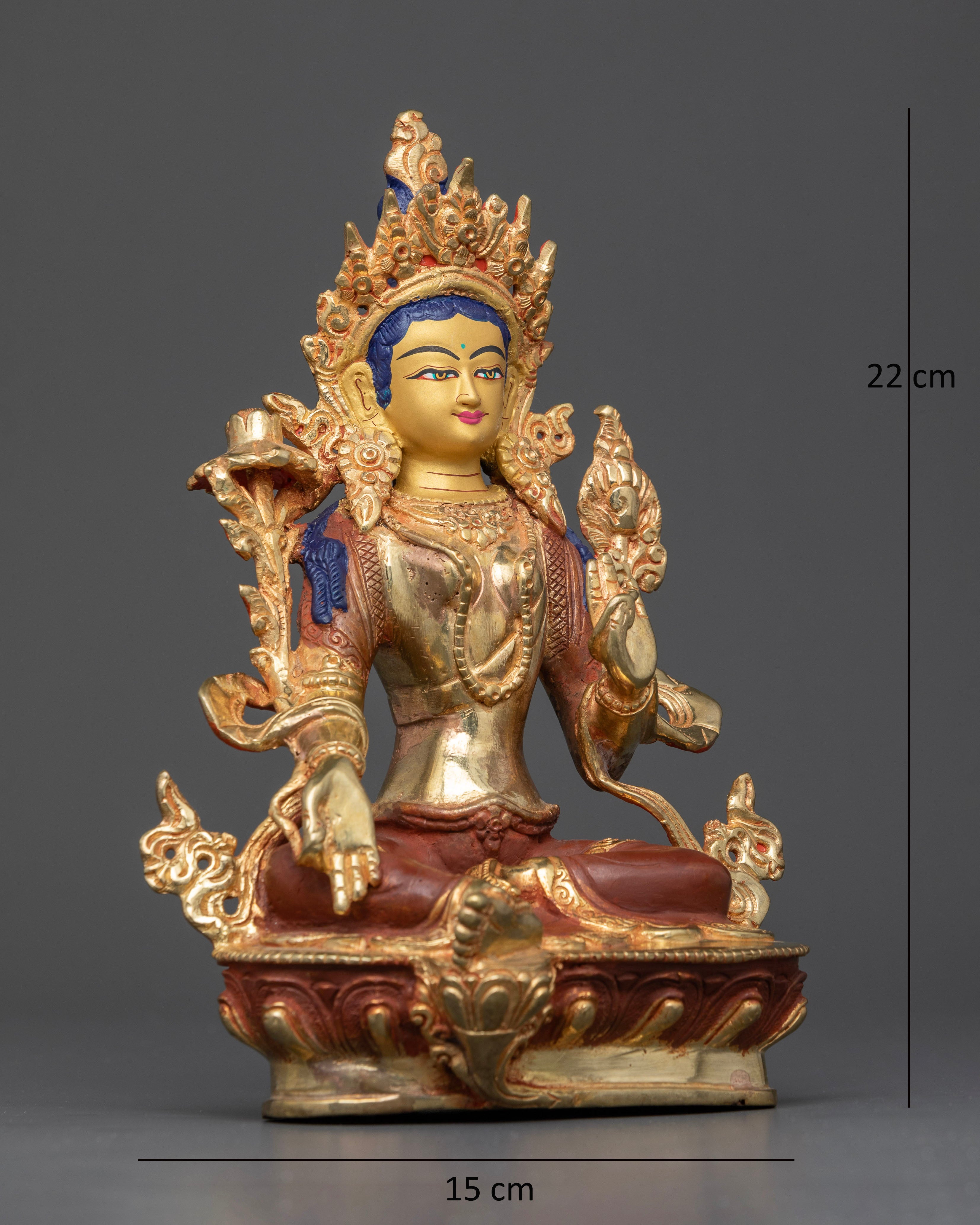 Side-view of Green Tara sculpture seated on lotus with Varada Abhaya Mudra copper statue